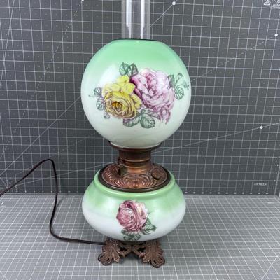 Antique Electrified Kerosene Lamp, Glass Green and Roses