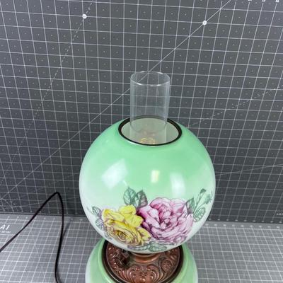 Antique Electrified Kerosene Lamp, Glass Green and Roses