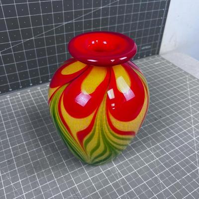 Hand Blown Glass Vase Red Green & Yellow