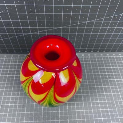 Hand Blown Glass Vase Red Green & Yellow