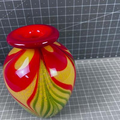 Hand Blown Glass Vase Red Green & Yellow