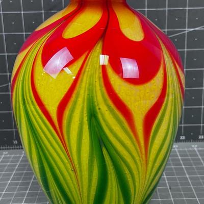 Hand Blown Glass Vase Red Green & Yellow