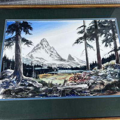 Water Color Under Glass Framed and Matted, Signed 1971, Mountain Forest