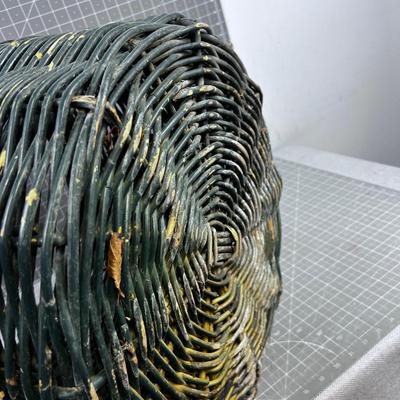 Antique Wicker Basket Green Chippy Paint. 