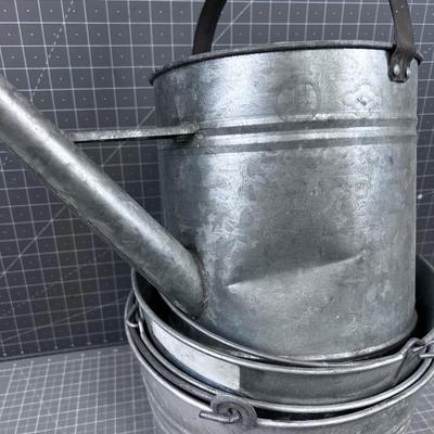 Galvanized Buckets ( 3) and Watering Can 