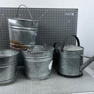 Galvanized Buckets ( 3) and Watering Can 