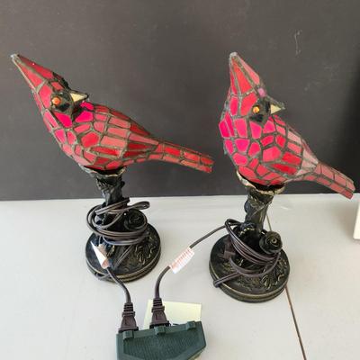 2 Stained Glass Red Cardinal Birds Accent Lamps Lights