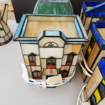 Lot of 7 Stained Glass Houses Village Lamps Lights
