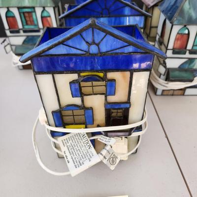 Lot of 7 Stained Glass Houses Village Lamps Lights