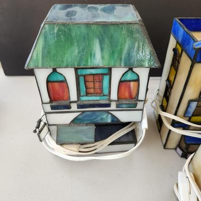 Lot of 7 Stained Glass Houses Village Lamps Lights