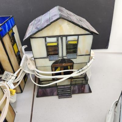 Lot of 7 Stained Glass Houses Village Lamps Lights