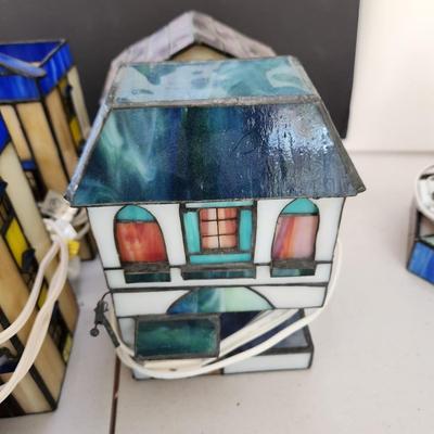Lot of 7 Stained Glass Houses Village Lamps Lights
