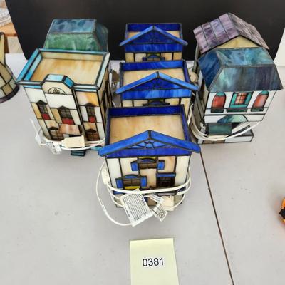 Lot of 7 Stained Glass Houses Village Lamps Lights