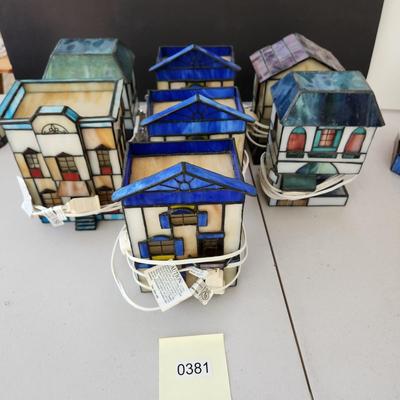 Lot of 7 Stained Glass Houses Village Lamps Lights