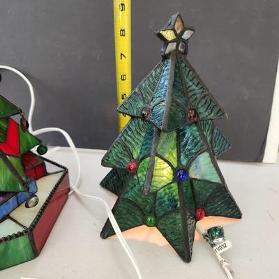 2 Stained Glass Christmas Tree Accent Lamps Lights