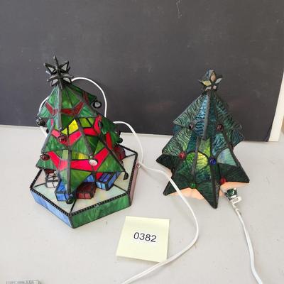 2 Stained Glass Christmas Tree Accent Lamps Lights
