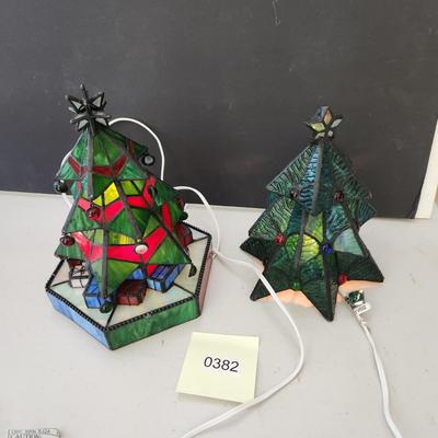 2 Stained Glass Christmas Tree Accent Lamps Lights