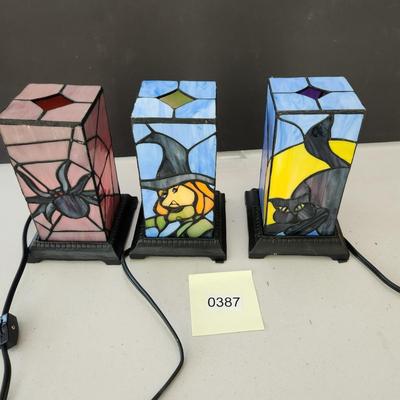Lot of 3 Halloween Theme Stained Glass Accent lamps Lights Spider Witch Black Cat