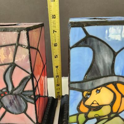 Lot of 3 Halloween Theme Stained Glass Accent lamps Lights Spider Witch Black Cat