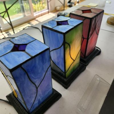 Lot of 3 Halloween Theme Stained Glass Accent lamps Lights Spider Witch Black Cat