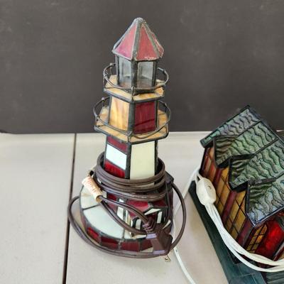 Lot of 4 Stain Glass Accent Lamps Lighted Lighthouse, Church , Houses