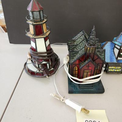 Lot of 4 Stain Glass Accent Lamps Lighted Lighthouse, Church , Houses