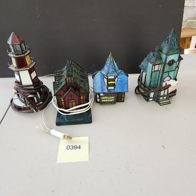 Lot of 4 Stain Glass Accent Lamps Lighted Lighthouse, Church , Houses
