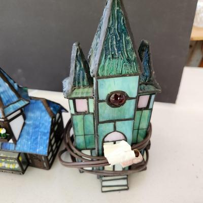 Lot of 4 Stain Glass Accent Lamps Lighted Lighthouse, Church , Houses