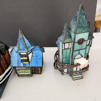 Lot of 4 Stain Glass Accent Lamps Lighted Lighthouse, Church , Houses