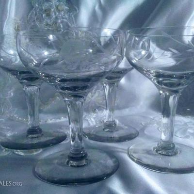 set of 4 stemware etched crystal glasses