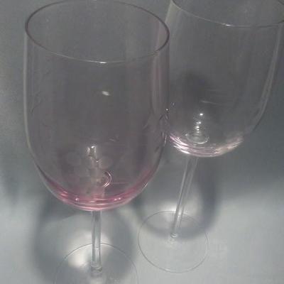 Vintage pink crystal grape etched stemware HIS & HERS wine glasses.