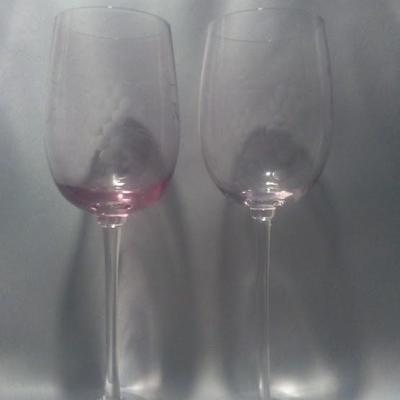 Vintage pink crystal grape etched stemware HIS & HERS wine glasses.