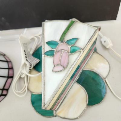 lot of 5 Stained Glass Accent Lamps Lights Cake, Angel Apple Flower Cart