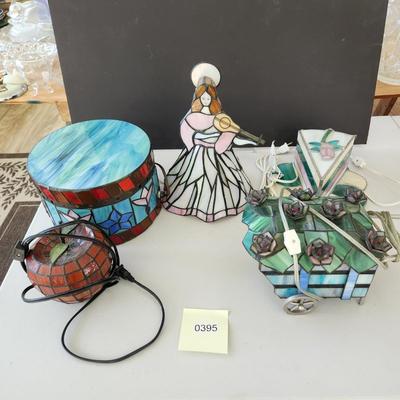 lot of 5 Stained Glass Accent Lamps Lights Cake, Angel Apple Flower Cart