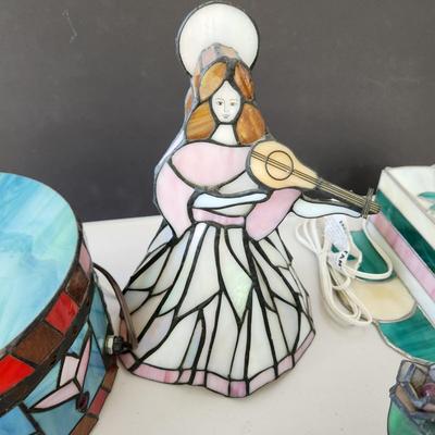 lot of 5 Stained Glass Accent Lamps Lights Cake, Angel Apple Flower Cart