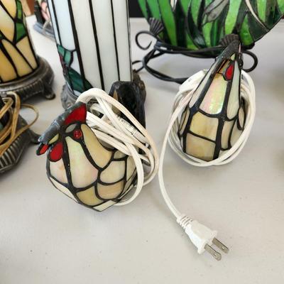 Lot of 11 Stained Glass Accent Table Lamps Lights Wine Bucket, Fish, Chicks, Frog ++