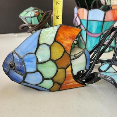 Lot of 11 Stained Glass Accent Table Lamps Lights Wine Bucket, Fish, Chicks, Frog ++