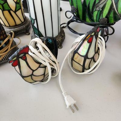 Lot of 11 Stained Glass Accent Table Lamps Lights Wine Bucket, Fish, Chicks, Frog ++