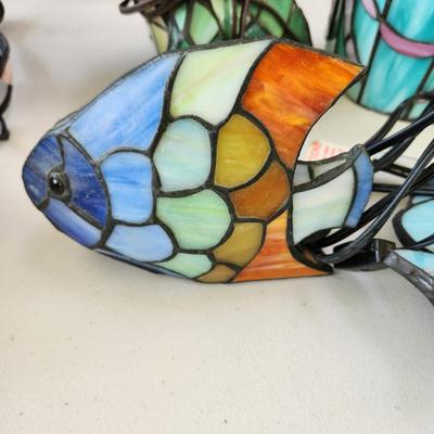 Lot of 11 Stained Glass Accent Table Lamps Lights Wine Bucket, Fish, Chicks, Frog ++