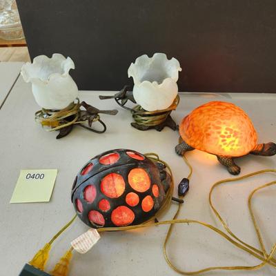 lot of 4 Accent Table Lamps Lights Turtle, Ladybug, Birds