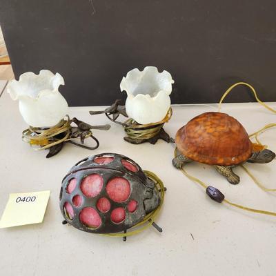 lot of 4 Accent Table Lamps Lights Turtle, Ladybug, Birds