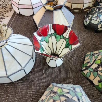 Large lot of 10 Stained Glass Hanging Lamp Shades