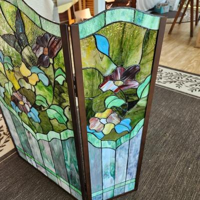 Heavy Stained Glass Fireplace Screen Flowers Butterfly 50"×34"h