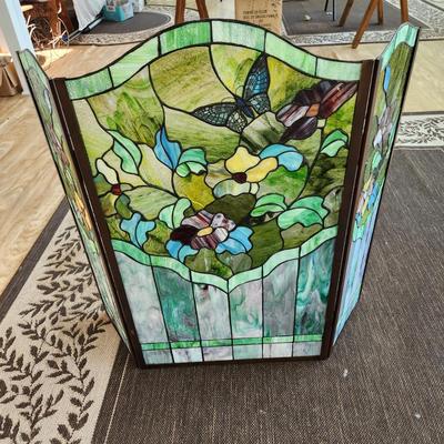 Heavy Stained Glass Fireplace Screen Flowers Butterfly 50"×34"h