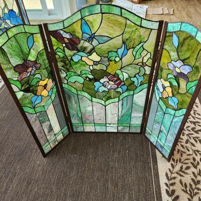 Heavy Stained Glass Fireplace Screen Flowers Butterfly 50"×34"h