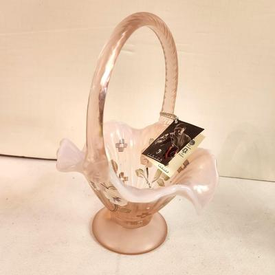 Lot #221 Fenton Art Glass Basket - Pink with flowers