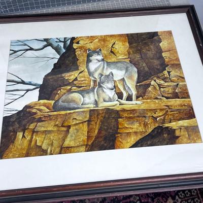 Water Color Under Glass Framed Signed DANE of Wolves