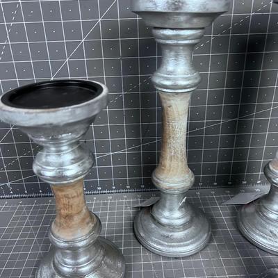 4 Silver and Wood Candle Sticks 