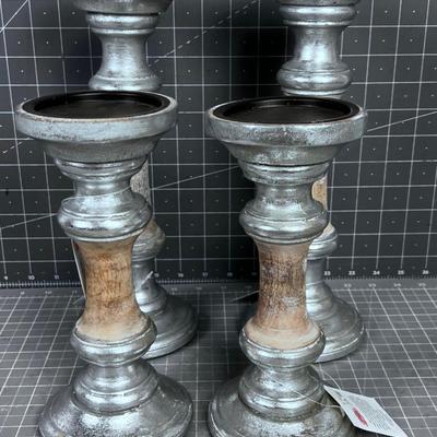 4 Silver and Wood Candle Sticks 