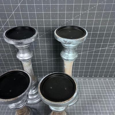 4 Silver and Wood Candle Sticks 